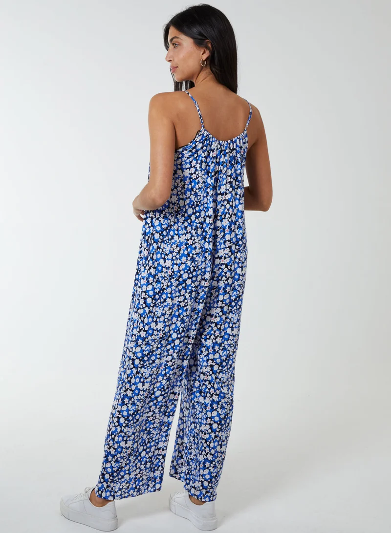 Blue Vanilla  Ditsy Printed Oversized Wide Leg Jumpsuit for Women | Best Price UAE